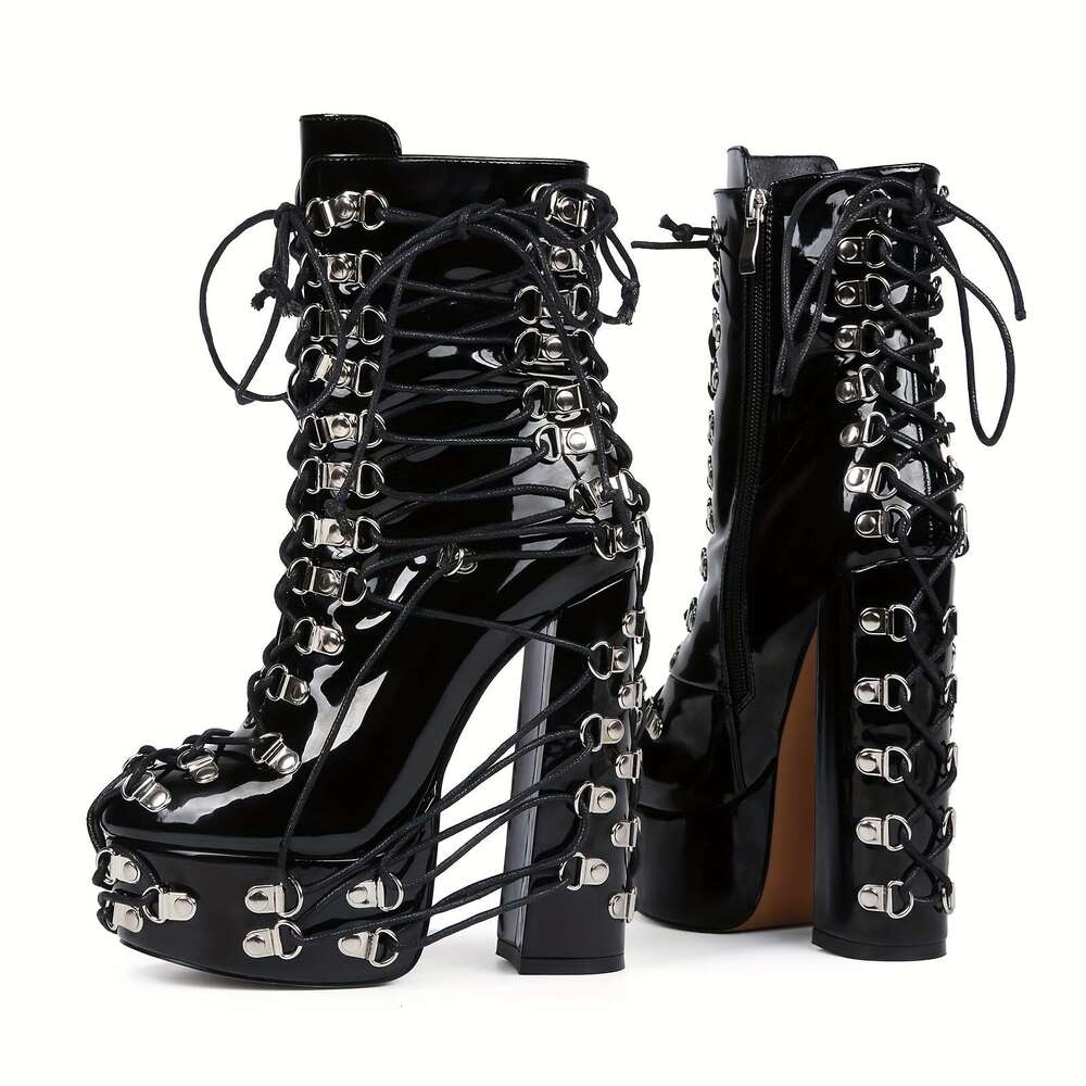 Women's Chunky High Heels With Ankle-Strapping Metal Buckles Slip-Resistant Rubber Sole, All-Season Formal & Casual Shoes - Synthetic Cover Platf