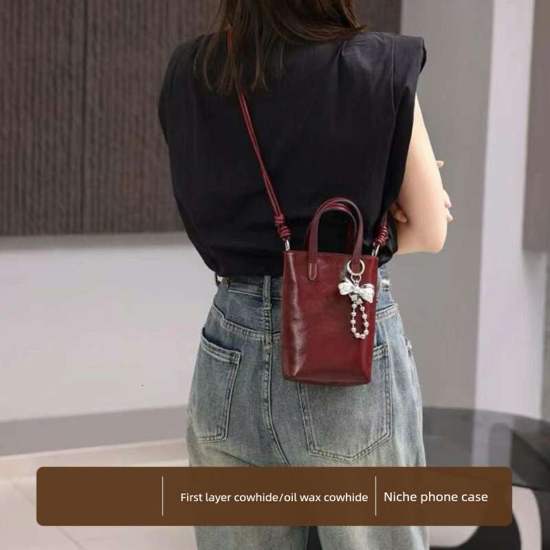 Women S First Layer Cowhide Small High End Feel Phone Handbag Oil Wax Leather Shoulder Crossbody Bag High Quality