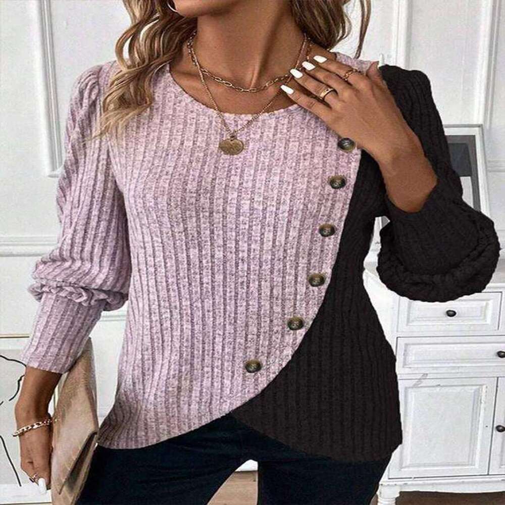 2024 New Cross-Border Trade European American Women's Z Round Neck Color Block Ribbed Cross Hem Long Sleeve Spring and Autumn Knitted T-Shirt