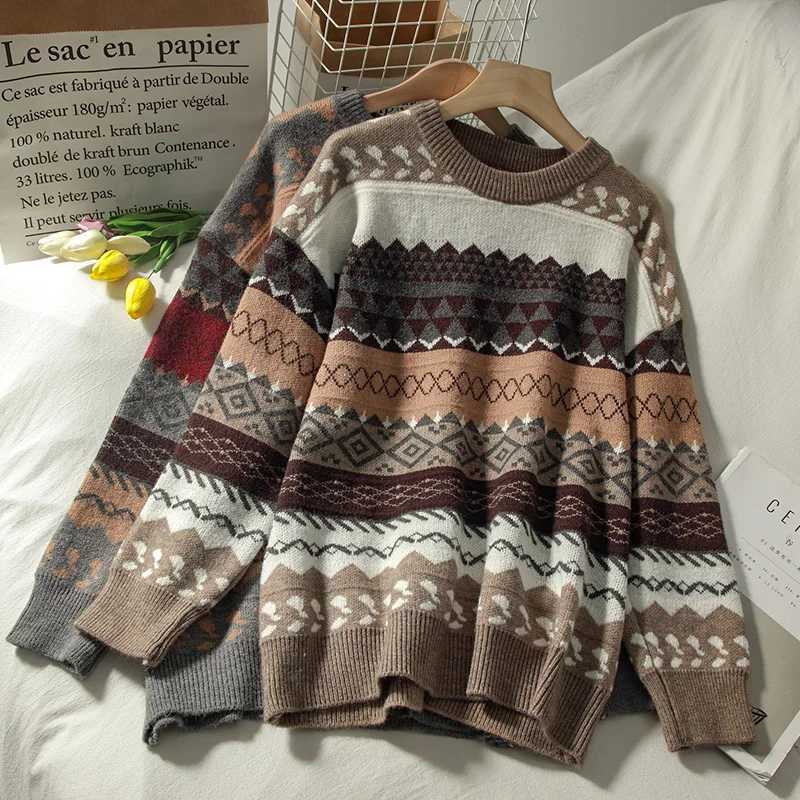 Fashion Sweater female art retro 2023 new fashion autumn and winter student Japanese diamond jacquard pullover Y251110