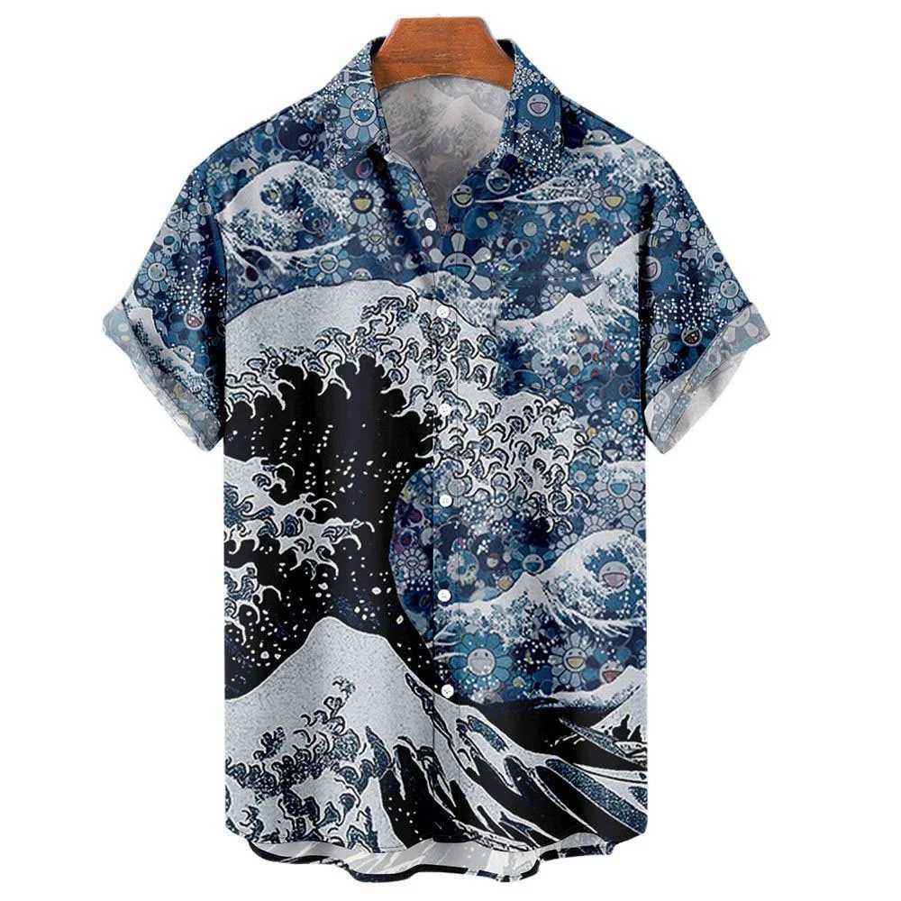 Mens Hawaiian shirt 3D printed short sleeved casual lapel beach style top retro wave imported fashion X250410