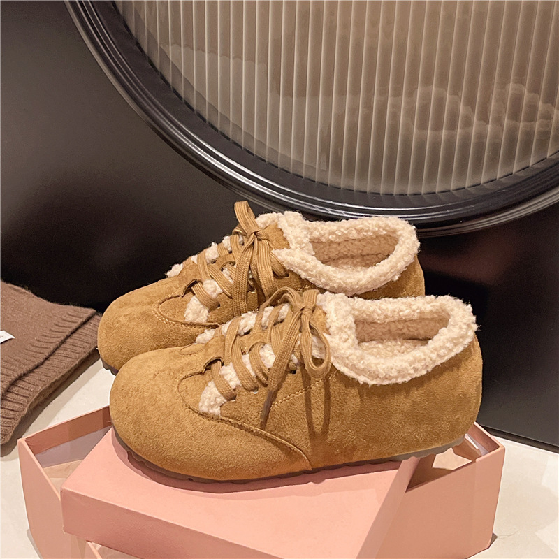 New flat angle lace up wool lined women's fashion shoes, winter retro casual designer soft soled woolen leather shoes, warm cotton shoes