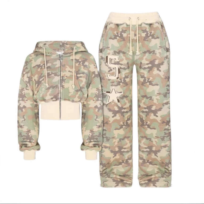 European American popular clothing, camouflage cardigan, long sleeved pants set, women's 2025 new style, chic and elegant clothing