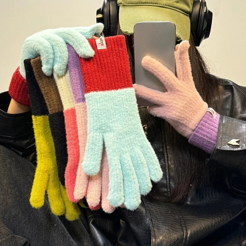 Winter Warm Women Gloves Dopamine Solid Color Five-fingered Gloves Knitted Cold-proof Student Girls Cycling Touch Screen Gloves 251106