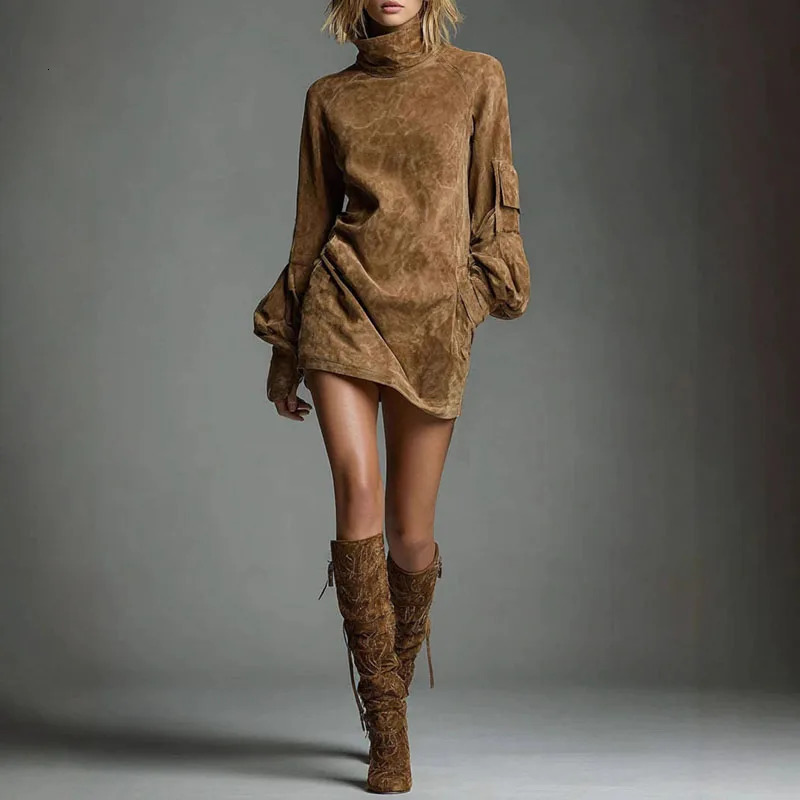 Autumn Retro Solid Suede Mini Short Dresses Sexy Turtleneck Slim Woman Pullover Dress Winter Long Sleeve Pockets Female Clothing 251110