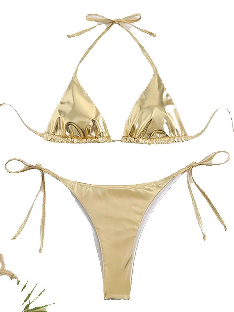 Sexy metal camisole lace up set triangle tie side bikini 2025 Brazilian women's swimsuit