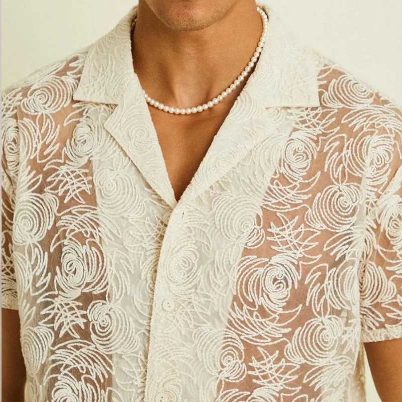 Casual dress hollow lace mens shirt mens summer casual fashion trend mens top X250410