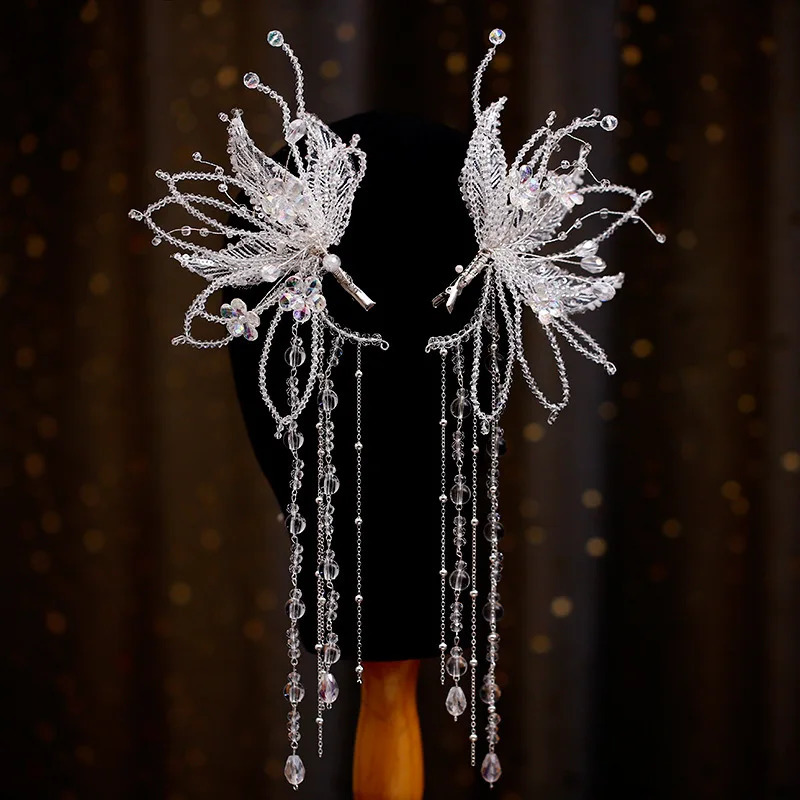 Mori Crystal Beaded Edge Clip Hair Wearing Ears Hanging Bridal Headwear Wedding Hair Jewelry 250409