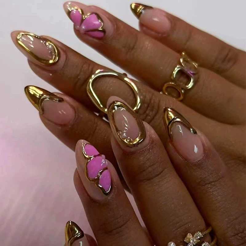 Design wearable fake nails simple manual pressing of nail tips art 24 pieces pink almond fake nails French butterfly ballet W250410