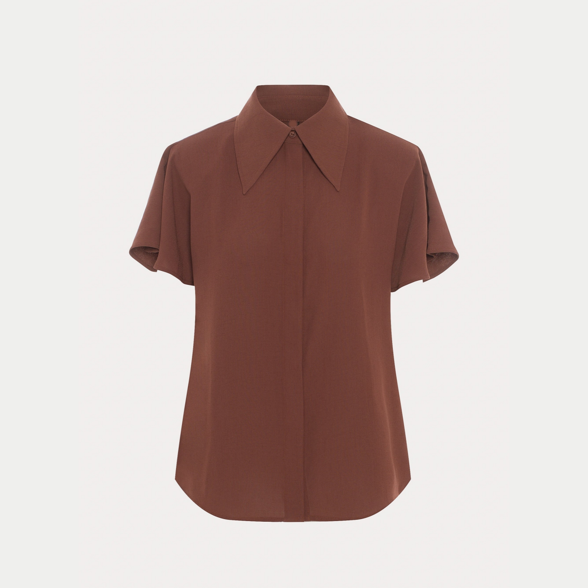 Women's Brown Oversized Collar Loose Fit Shirt, Short Sleeve Hidden Button Rounded Hem Blouse