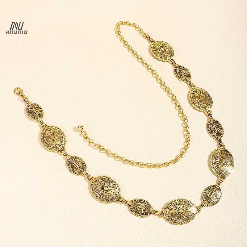 Vintage style Wen metal waist chain with adjustable decorative circular carving chain and high-end accessories X250410