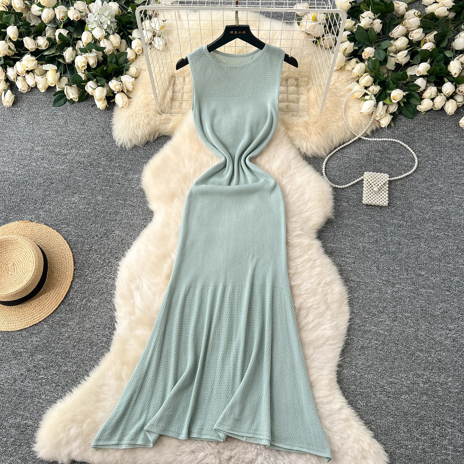 Yellow Hollow Out Knit Elastic Bodycon Dress Sexy Beach Vacation Slim Sundress Women Casual Mermaid Vestidos Maxi Long Dress 250409