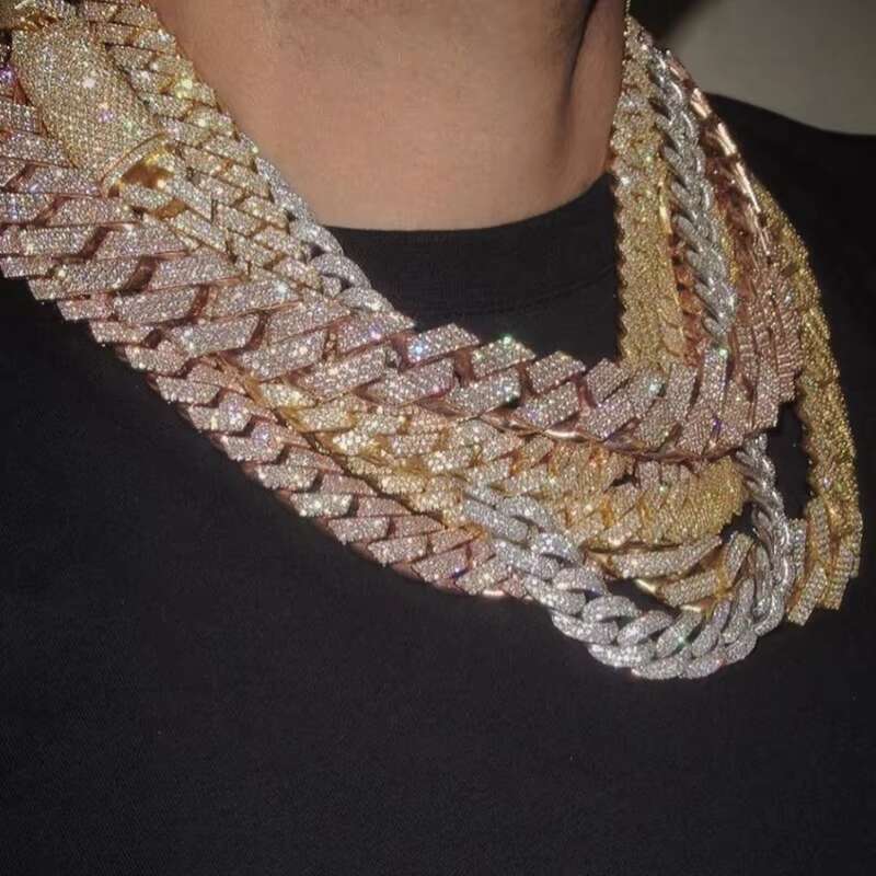 Hot Selling Pass Diamond Tester 925 Solid Silver 12mm 13mm 14mm 15mm Two Rows Iced Out Hip Hop Vvs1 Moissanite Cuban Link Chain