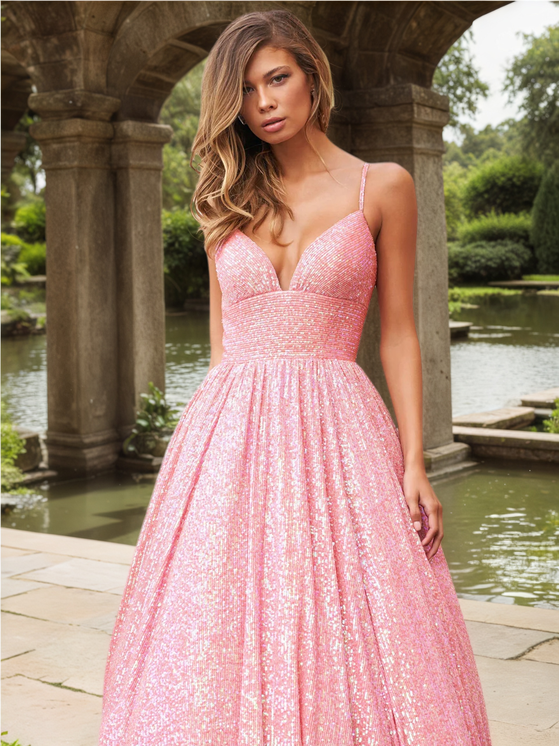 Women's Glamorous Sequin Evening Gown, Open Back Lace-Up Tiered Prom Dress--D322