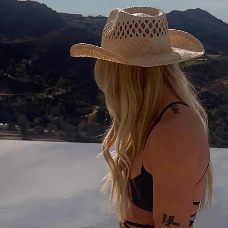 Hand Woven Raffia Hat Women Summer Simple Western Cowboy Straw Hat Lady Ins California Girl Seaside Vacation Curled Brim Sun Hat 250409