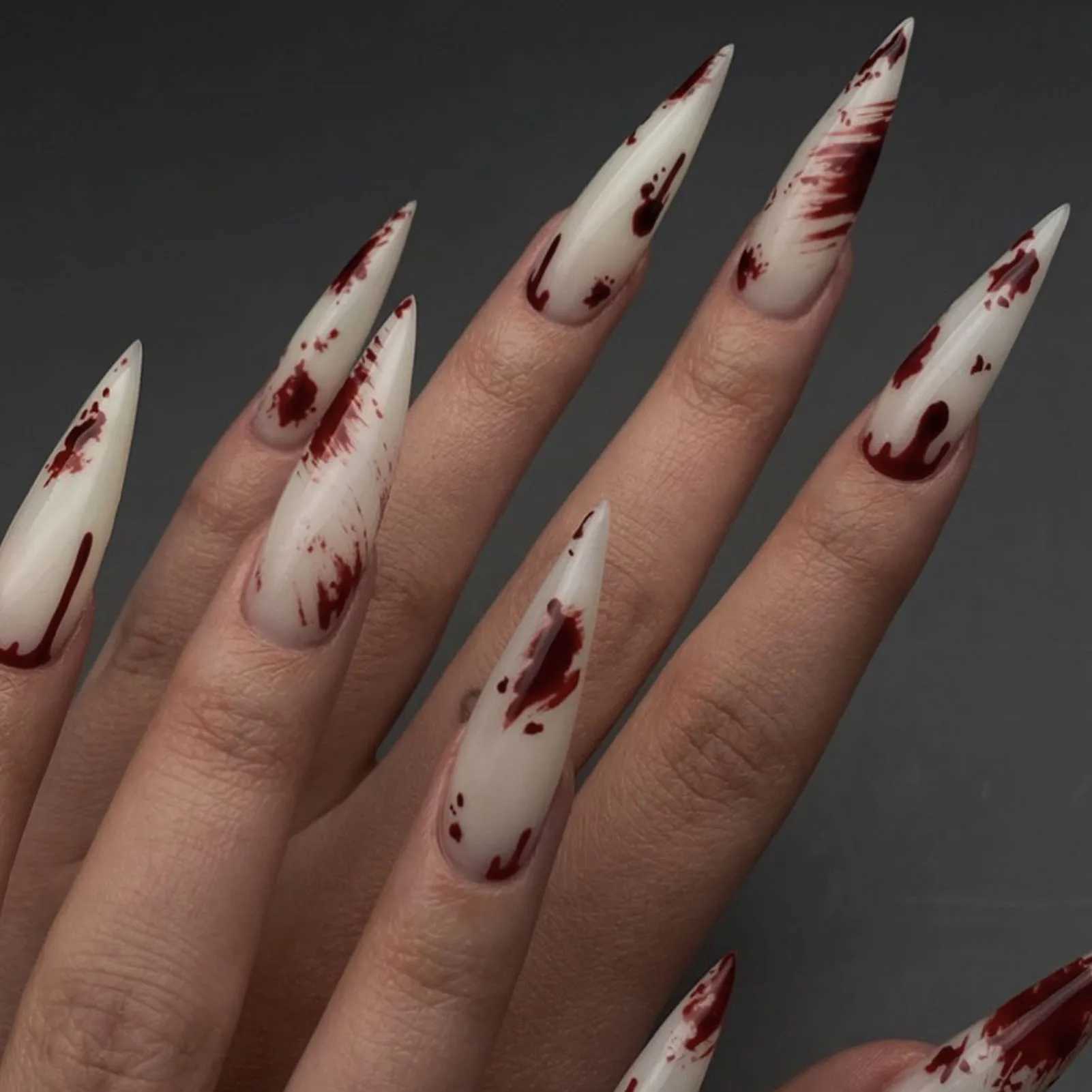24 pieces of blood red fake nail gradient long angle fake nail patch complete set wearable fake nail patch Halloween handmade set W250410