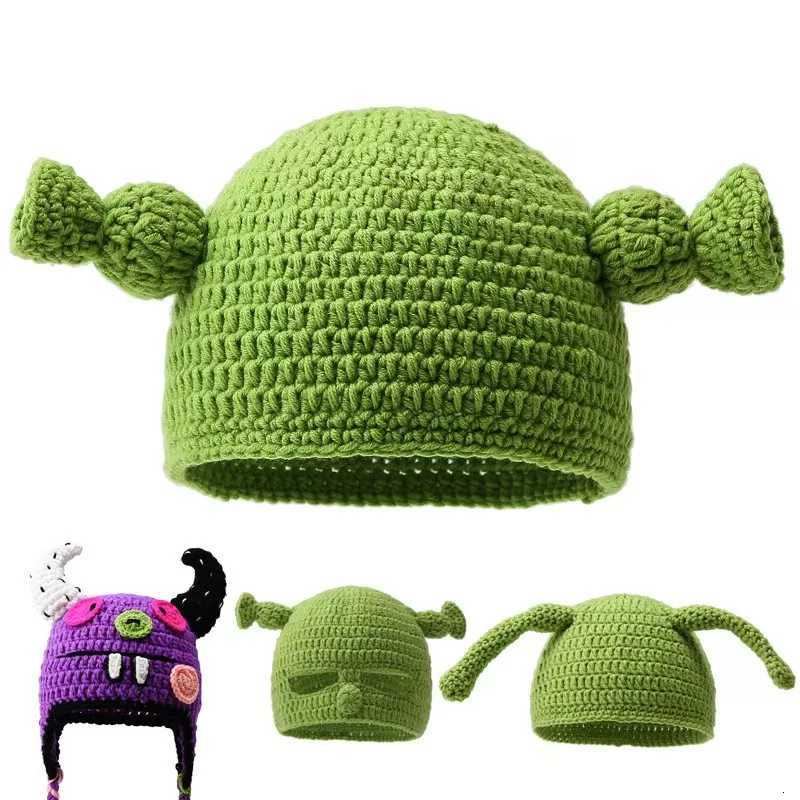 Unisex Balaclava Monster Shrek Hat Wool Winter Warm Knitted Hats Green Funny Beanie Skullies Cap for Women Men Pure HandmadeXJ251110