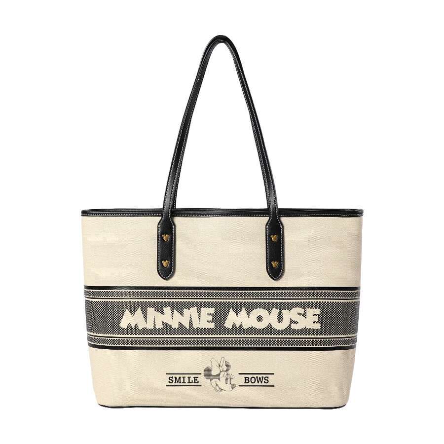 Lisence Minnie Mouse Embroidered Tote Beige Retro Shoulder Bag For Lady