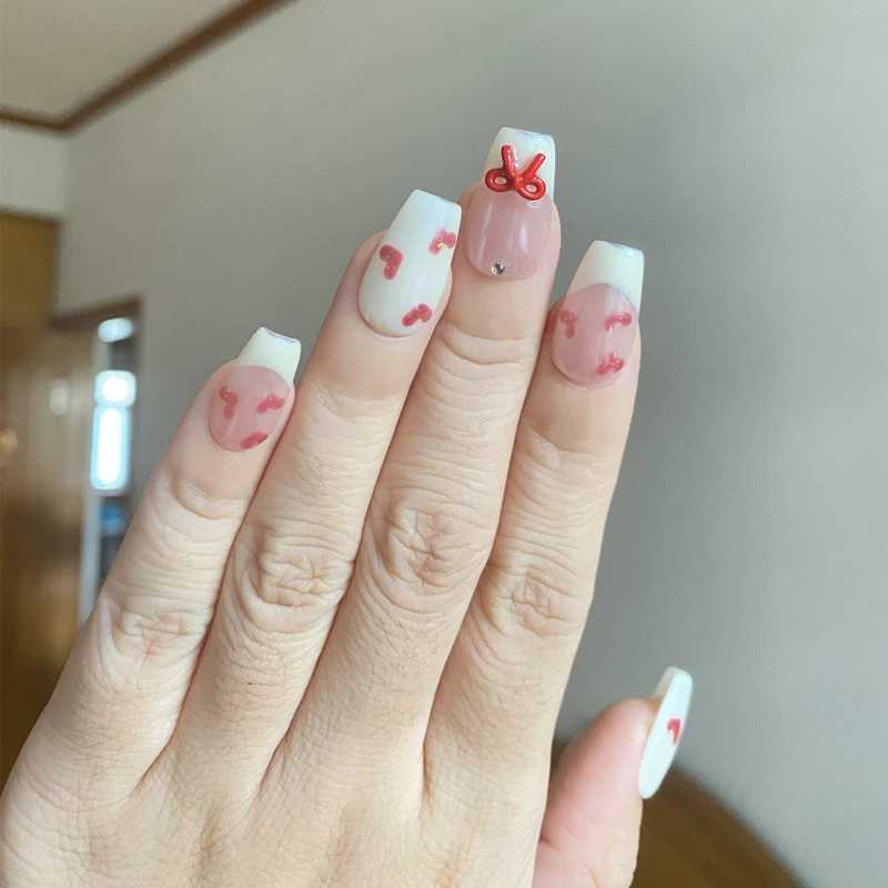 Hand pressed nails fully covered bow knot heart-shaped acrylic French fake nails cute reusable handle nail kit with aurora W250410