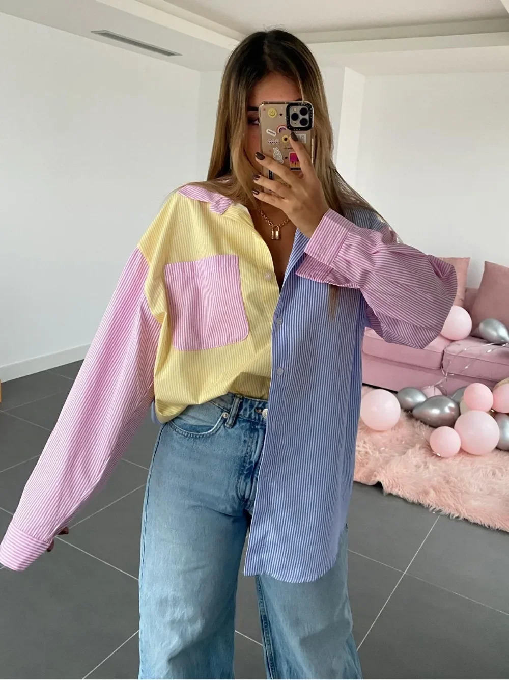 Womens Casual Shirt Colorblock Striped Print Long Sleeve Turn Down Collar Button Up Tunic Shirt Top Ladies Daily Outfit 250409