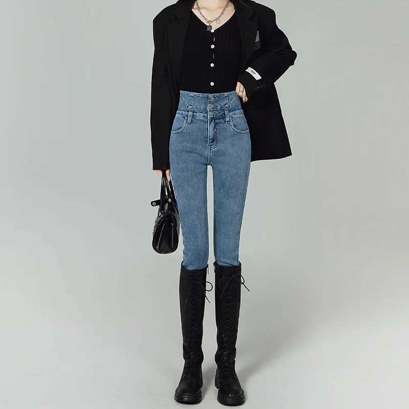 OUSSYU Winter Thick Velvet Women Jeans High Waist Skinny Pants Warm Fleece Slim Stretch Ladies Casual Denim Pencil Trousers C251110