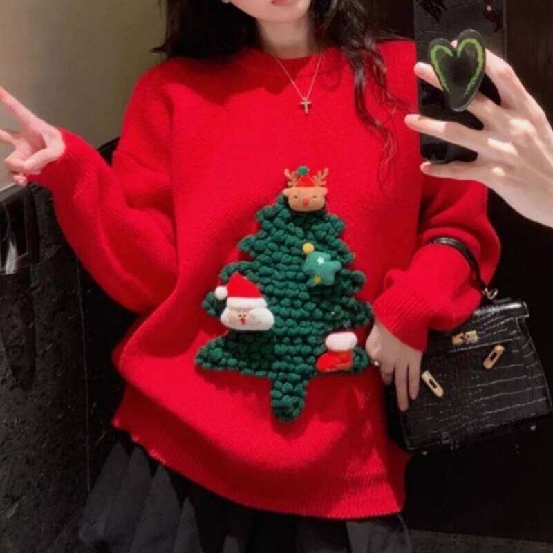 Autumn Winter Women Red Sweet Chic 3D Christmas Tree Knitted Sweater Casual O Neck Long Sleeve Pullover Tops Female Loose Jumper Designer Sweater Wome