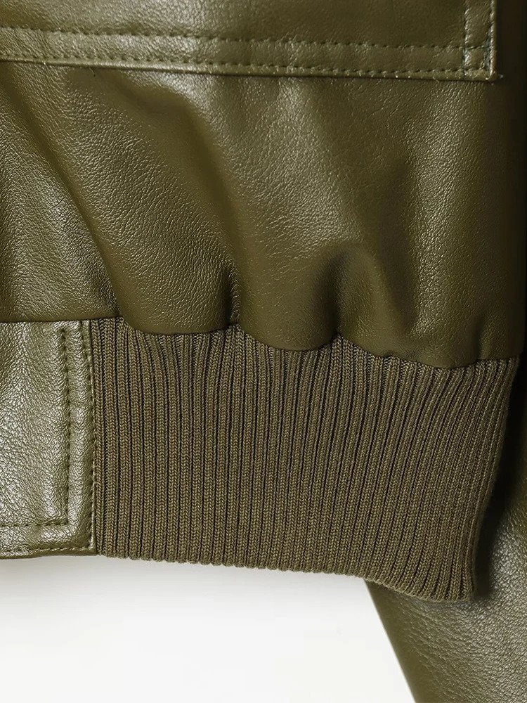 European and American style autumn womens clothing versatile leather stand collar long sleeve short jacket 251103