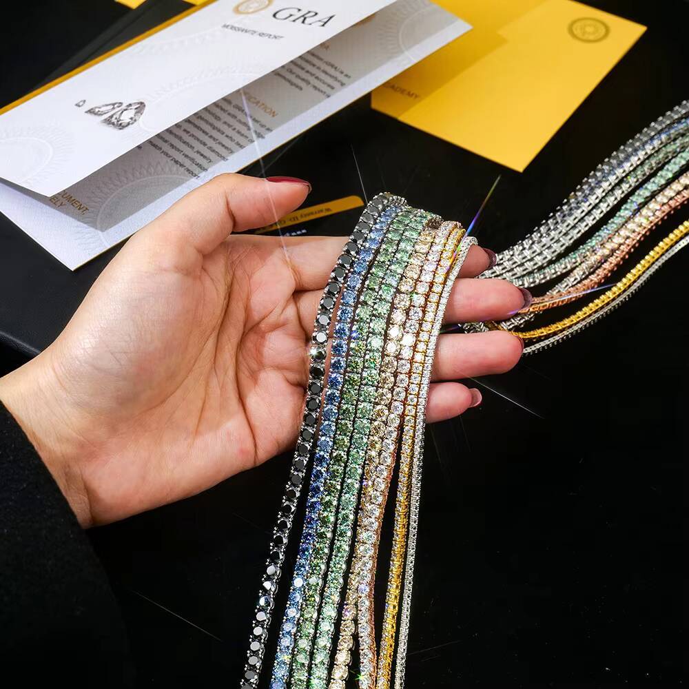 Custom Wholesale Silver 925 Fine Jewelry Man Women Necklace champagne Green Black Blue Mossanite Moissanite Tennis Link Chain