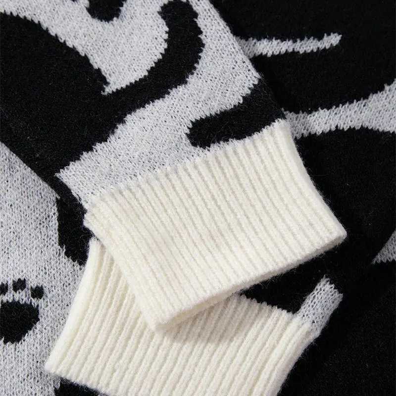 Fashion CALESECT Cartoon Black Cat Oversize Knit Sweater Y2K Aesthetic Jumper Loose Fit Streetwear Vintage Unisex Women Men Pullover Top Y251110