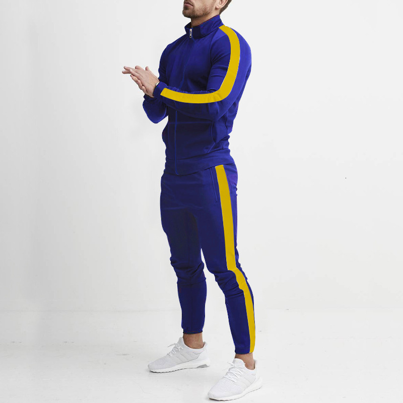 2024 Spring and Autumn New Mens Long sleeved Pants Casual Sports Set with Splicing Stand up Collar and Slim Fit