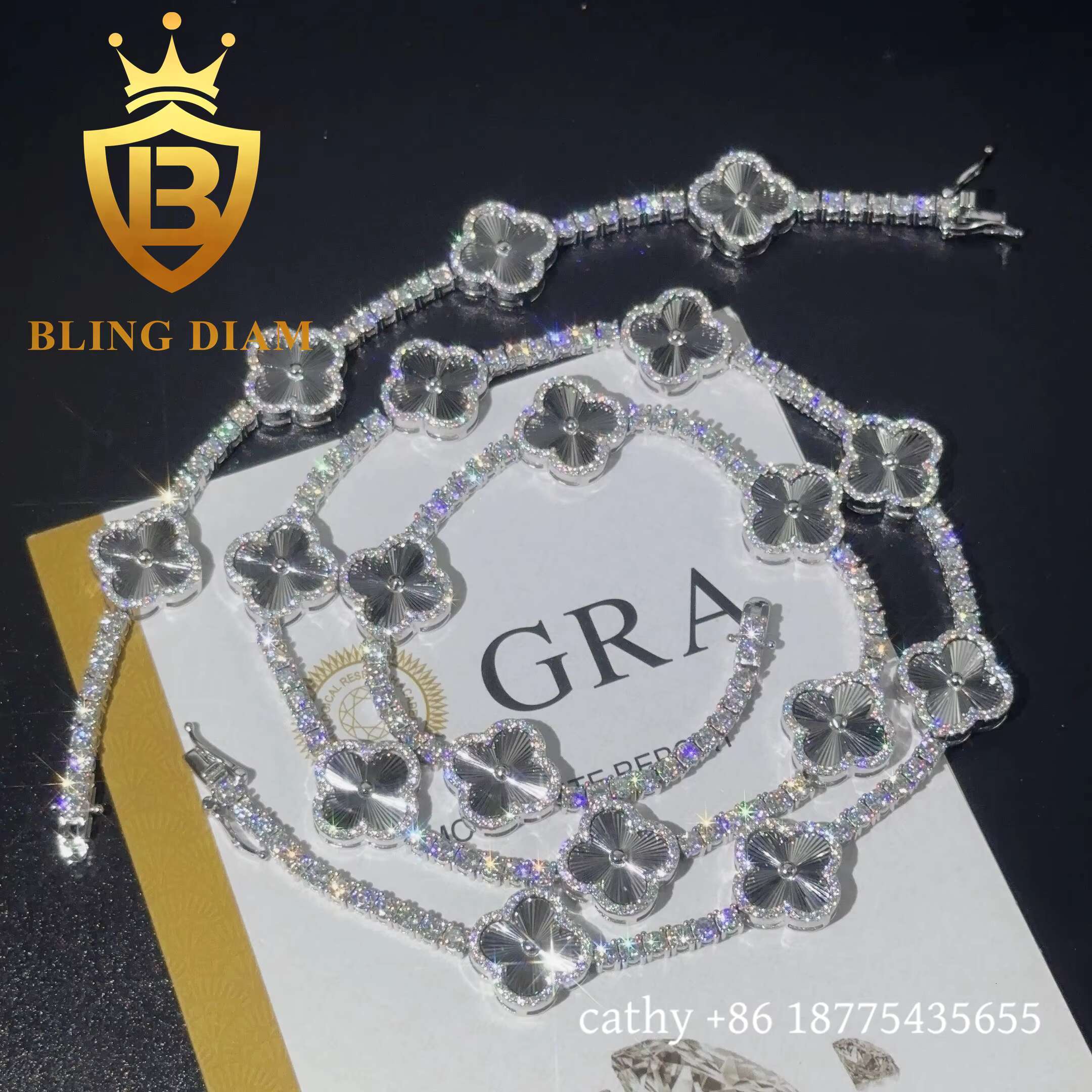 Fashion Iced Out Four Leaf Flower Moissanite Tennis Chain Bracelet 925 Sterling Silver 3mm Charm Moissanite Bracelet Pass test