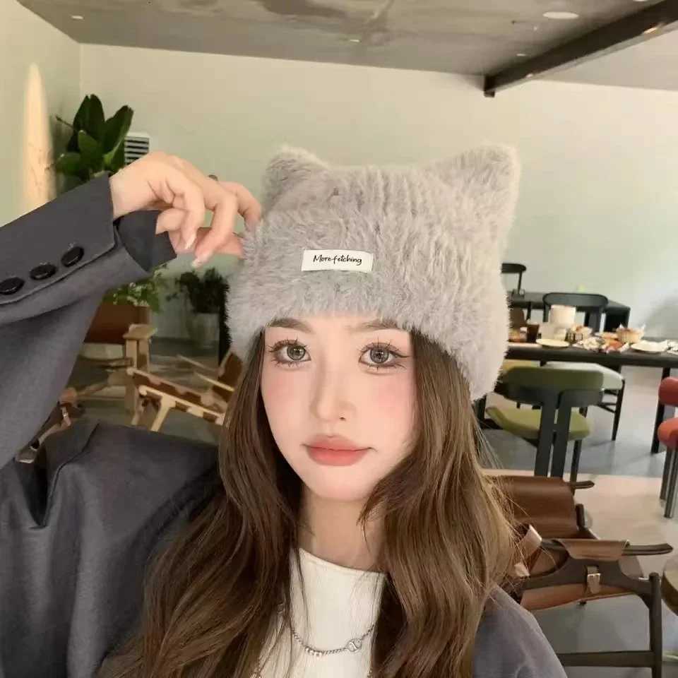 new apanese Cute Cat Ears Plush Beanies Cap Y2K Autumn and Winter Casual Warm Sweet Versatile Pullover Knitted Womens HatsXJ251110