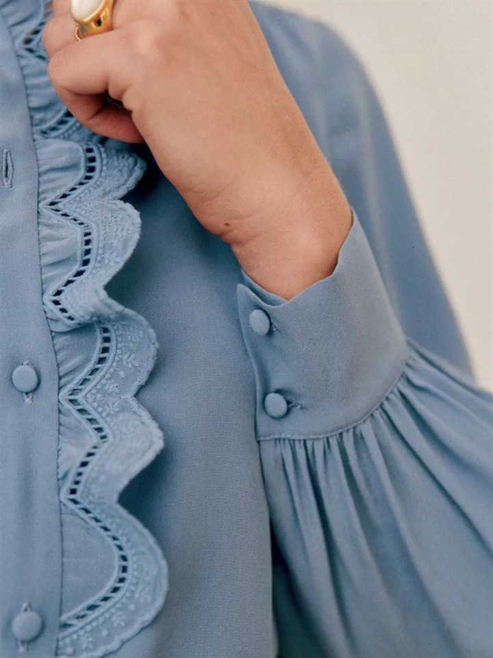 Women Embroidery Lace Trim French Blouse Stand Collar Ladies Single-Breasted Shirt and Tops 250409