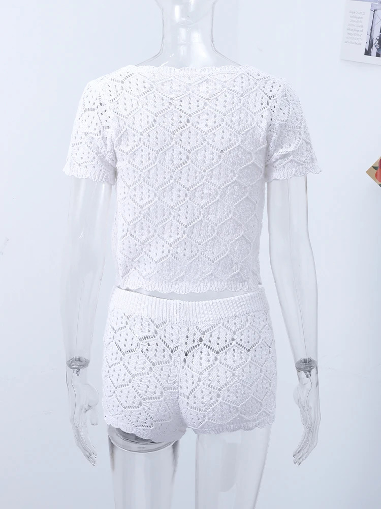 Sexy Knitted Beach Set Womens Ultra Thin O-Neck Short Sleeve Hollow Top Womens Spring/Summer Holiday Set 2-piece Set 250409