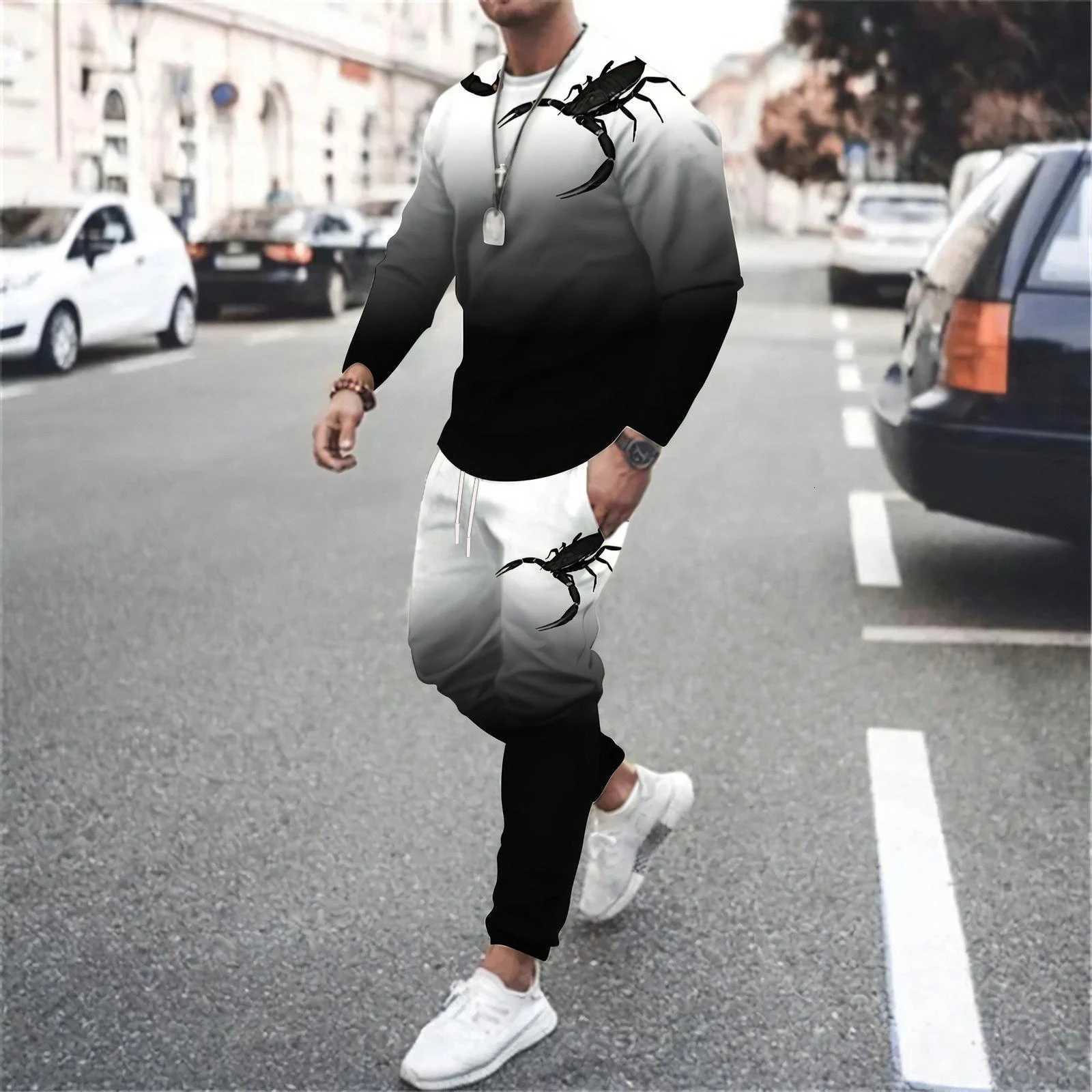 Mens Scorpion Pattern Tracksuits Autumn 2PCS Sets Long Sleeve Crewneck Loose T-shirt Pants Suits Sweatshirt Sports Trousers W251110