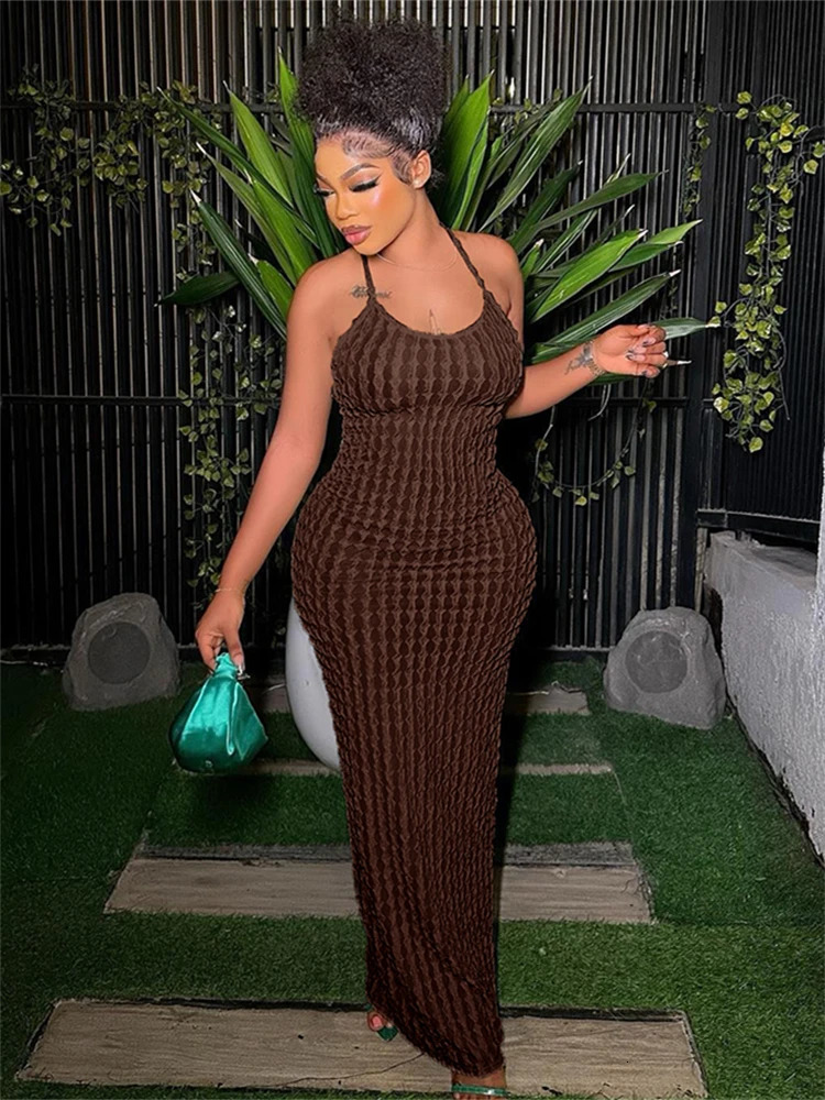 Kliou Solid Ruched Spaghetti Strap Bandage Maxi Dress Womens Casual Sleeveless Backless Tight Dress 250409