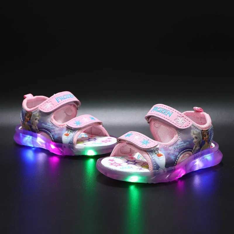 Summer childrens sandals Priness Elsa Anna childrens sandals LED lights beach pink purple shoes size 21-31 Z250410