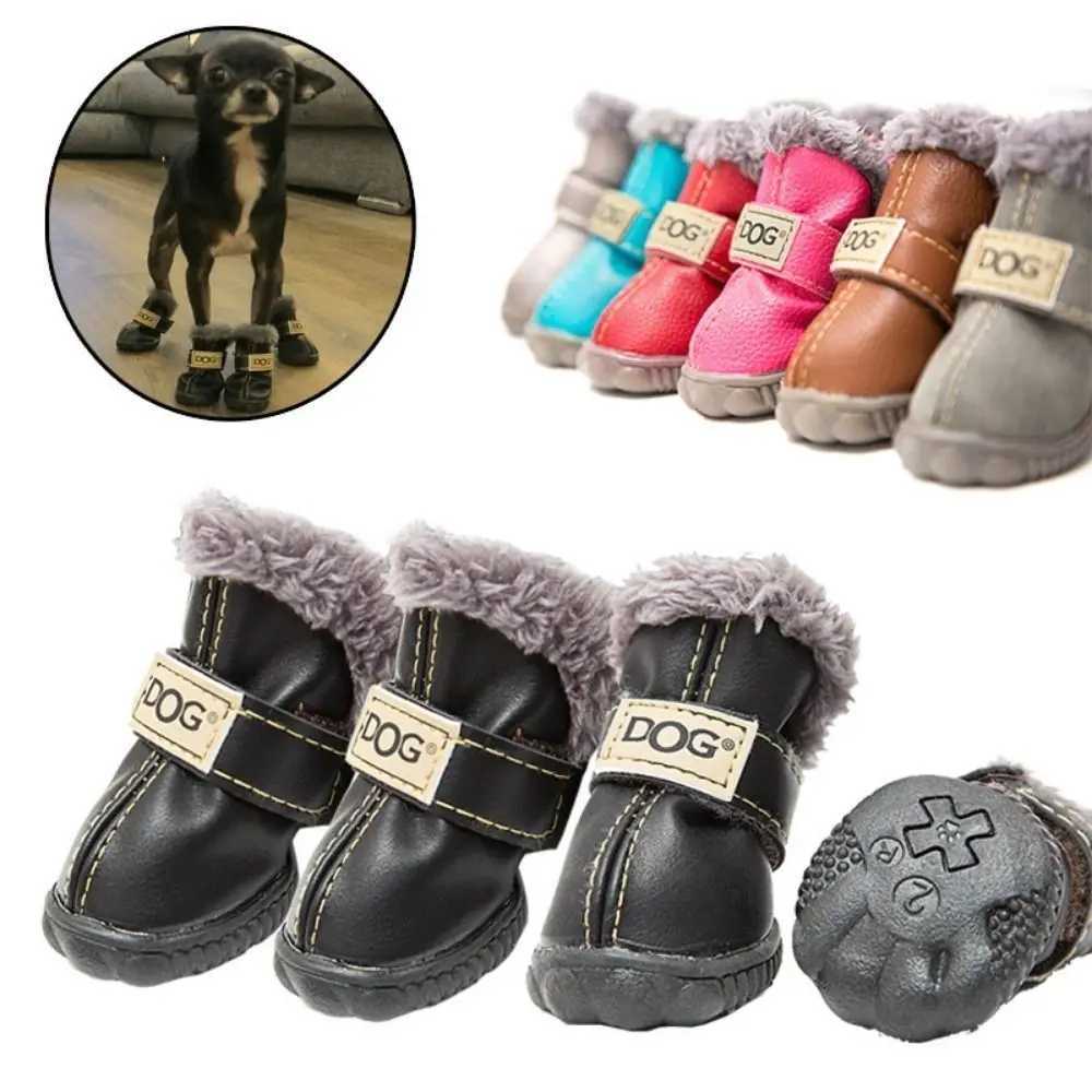 Dog rain boots warm pet snow boots waterproof and anti slip winter pet shoes soft plush/PU 4-piece/set Chihuahua tile T2504010