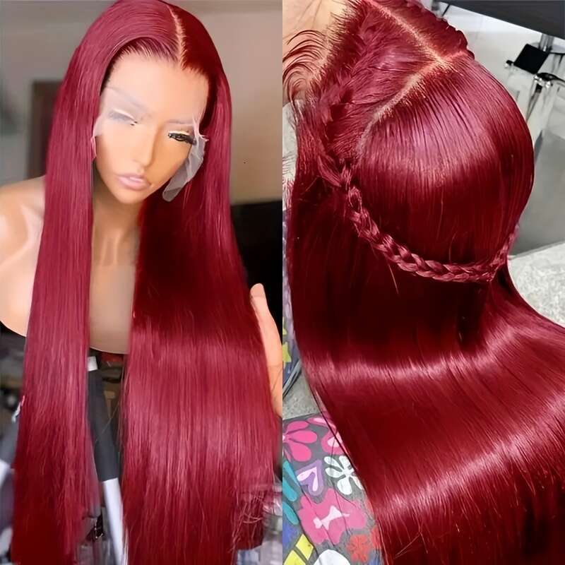 Bury 13X4 Wine Red Pre Plucked Baby Bone Front Brazilian Virgin Human Hair Colored #99J Straight Lace Frontal Wigs With Natural Hairline For