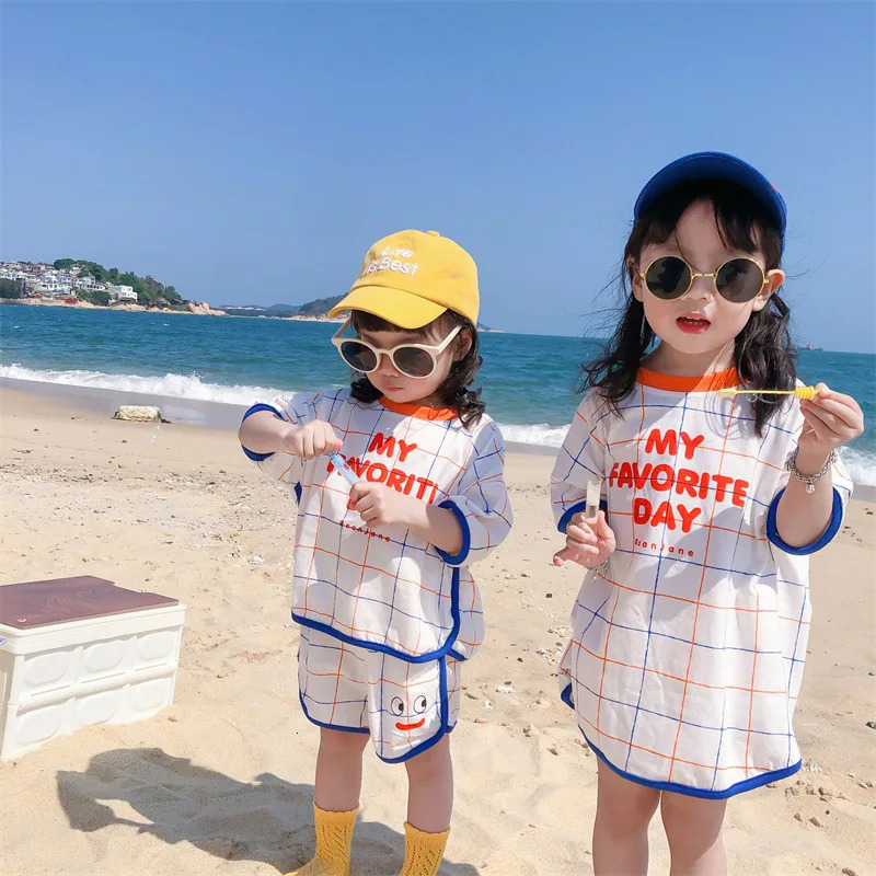 South Korea Summer Childrens Clothing Set South Korea Style Short Sleeve T-shirt Girls Dress Set Brother sisters Set 250409