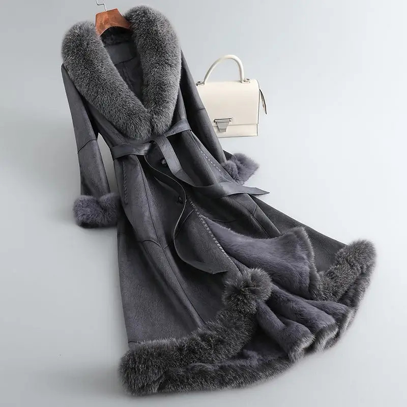 Winter Rabbit Fur Integrated Womens Coat Long Genuine Leather Fox Collar Slim Fit 251110
