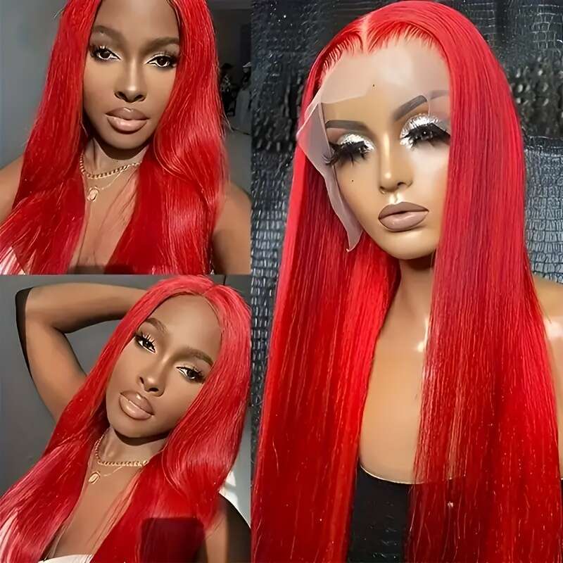 180% Density 13X4 Red For Women Pre-Plucked Baby Brazilian Virgin Straight Lace Front Long Human Hair Wigs