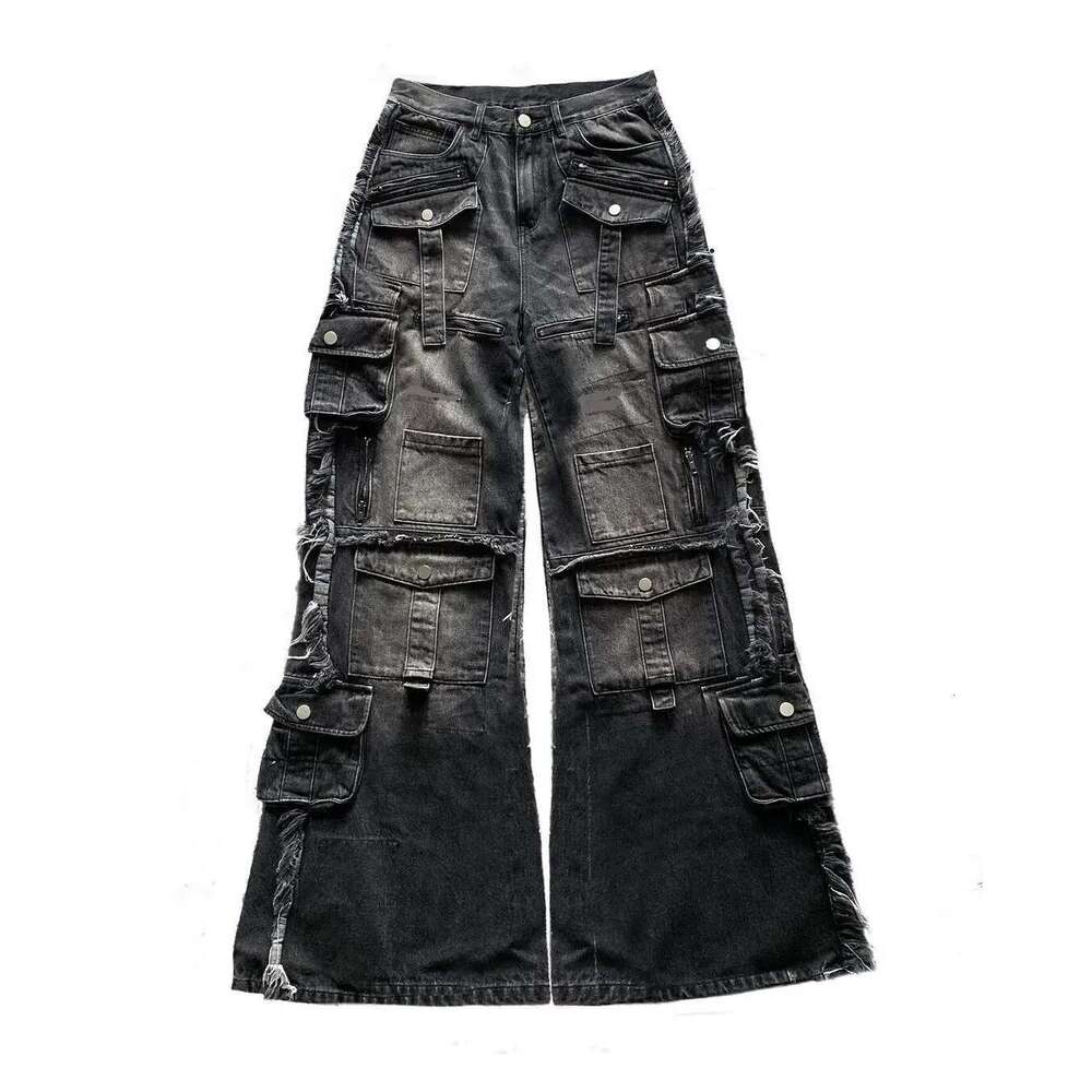 Gothic Haruku Y2k Multi-Pocket Washed Black Jeans Men Fall Loose Drag Street Hip Hop Rap 90S Spice Girls Wide Leg Pants