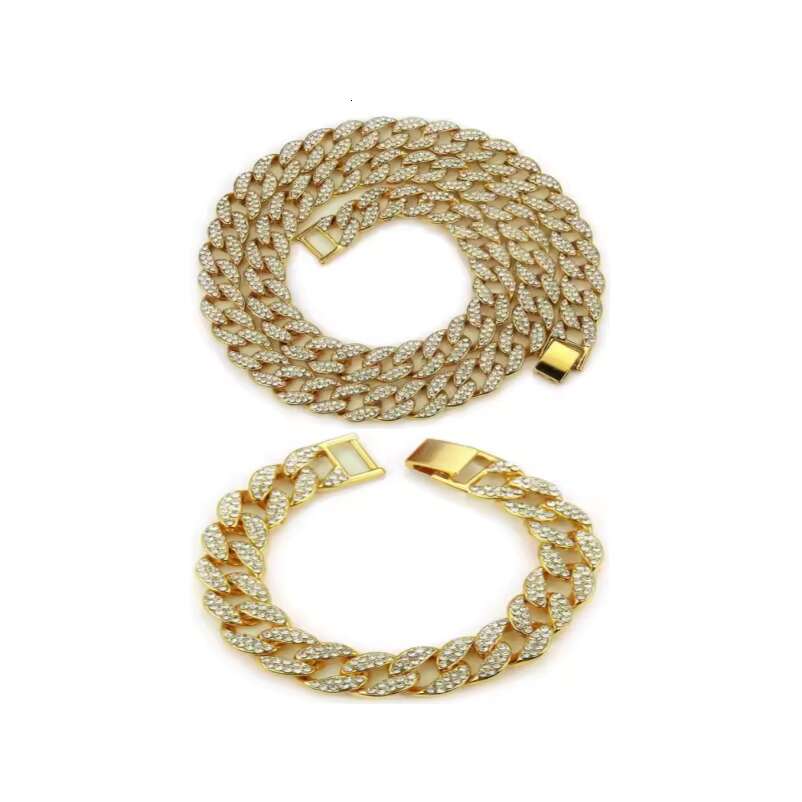 Iced zinc alloy and pearl rhie hip-hop 15mm wide Cuban chain necklace bracelet accessory set