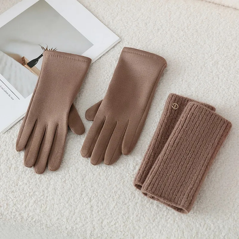 3 Ways to Wear Removable Winter Women Gloves Keep Warm Touch Screen Knitted Suede Solid Soft Add Velvet Not Bloated Prevent Cold 251106