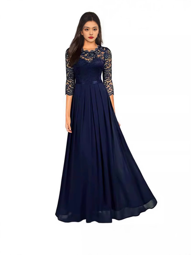 D47Sophisticated Round-Necked Evening Dress Featuring Intricate European Lace Work