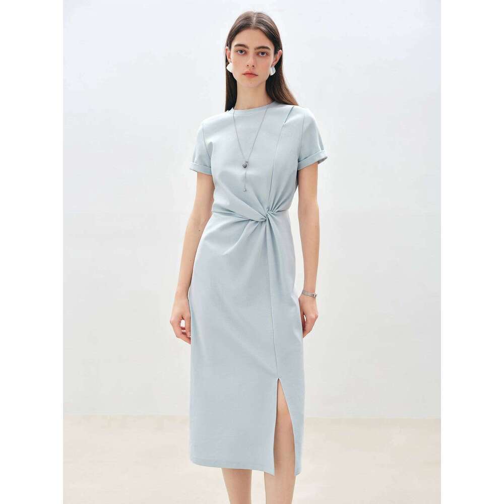 ZIQIAO Women Solid Long 2025 Summer New Casual Round Neck T-Shirt Dresses Grey Short Sleeve X-Line Dress 25Zq92026