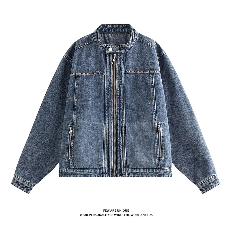 Motorcycle denim jacket mens hip-hop tight fitting zipper pocket retro washed tight fitting loose jeans jacket unisex 250410