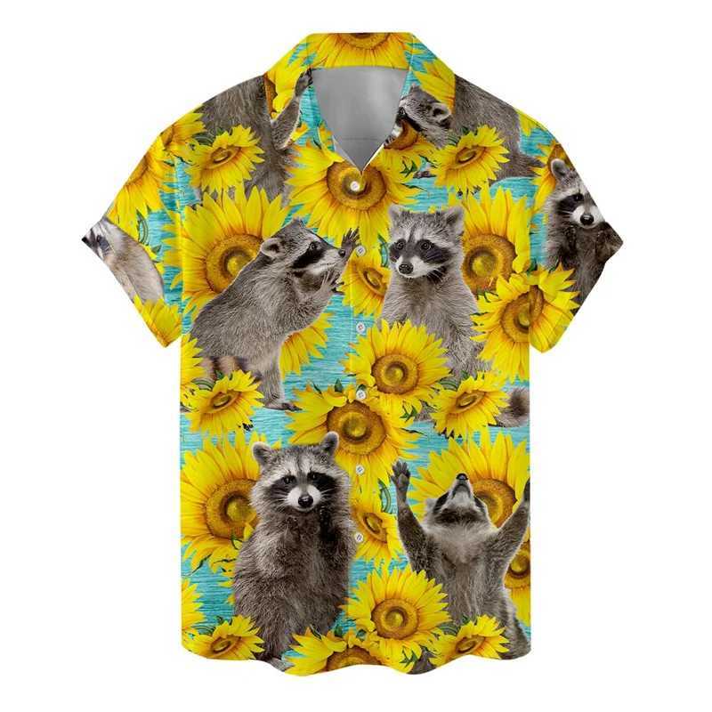 Animal Cat Raccoon Hawaiian Shirt Mens 3D Printed Dinosaur Pattern Shirt Button Collar Short Sleeve Fashion Aloha Shirt Clothing X250410
