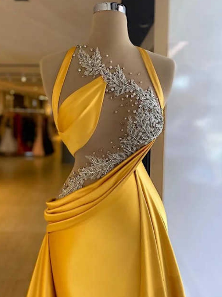 Mermaid Evening Dresses Bright Yellow Beaded Lace Appliques Sexy Top Illusion Prom Gowns Elegant Satin Vestido De Novia